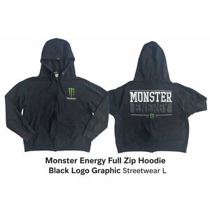 Monster Energy Full Zip Hoodie Size L Black Logo Graphic Skater Streetwear Hype